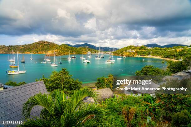 high angle view of west indies, antigua and barbuda, antigua, english harbour , windward bay, nelson's dockyard english harbour - caribbean sea stock pictures, royalty-free photos & images