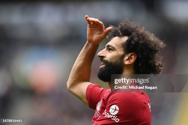 Mohamed Salah of Liverpool reacts during the Premier League match between Manchester City and Liverpool FC at Etihad Stadium on April 01, 2023 in...