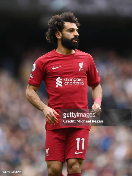 Mohamed Salah of Liverpool looks on during the Premier League match between Manchester City and Liverpool FC at Etihad Stadium on April 01, 2023 in...