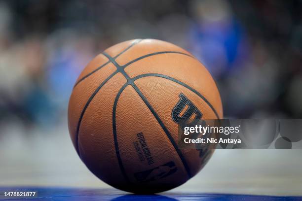 Wilson brand official NBA game ball basketball is pictured during the game between the Detroit Pistons and Milwaukee Bucks at Little Caesars Arena on...