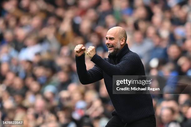 Manchester City manager Pep Guardiola celebrates during the Premier League match between Manchester City and Liverpool FC at Etihad Stadium on April...