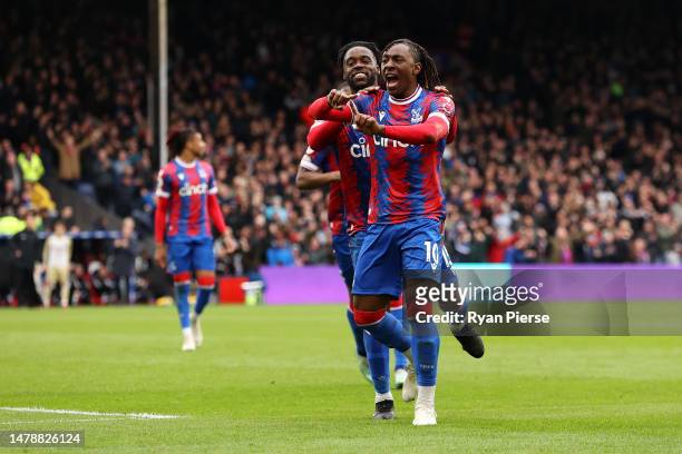 Eberechi Eze of Crystal Palace celebrates after scoring the team's first goal during the Premier League match between Crystal Palace and Leicester...