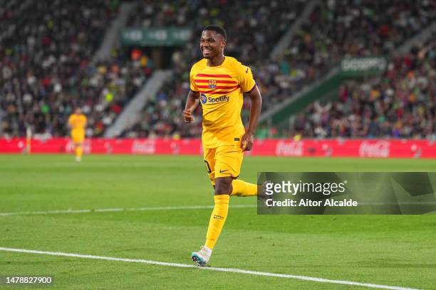 Ansu Fati of FC Barcelona celebrates after scoring the team's second goal during the LaLiga Santander match between Elche CF and FC Barcelona at...