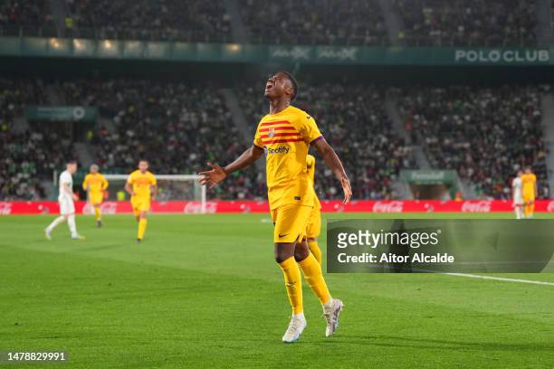 Ansu Fati of FC Barcelona celebrates after scoring the team's second goal during the LaLiga Santander match between Elche CF and FC Barcelona at...