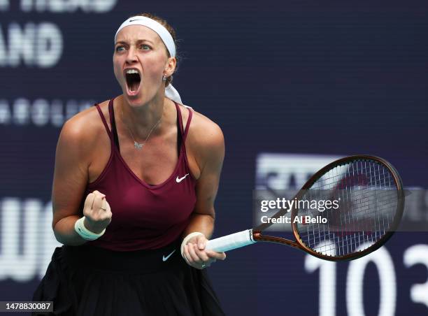 Petra Kvitova of Czechia celebrates a point against Elena Rybakina of Kazakhstan during the Finals of the Miami Open at Hard Rock Stadium on April...