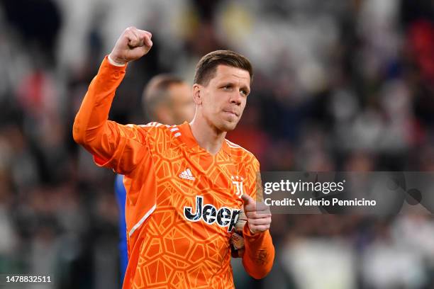 Wojciech Szczesny of Juventus celebrates following the Serie A match between Juventus and Hellas Verona at Allianz Stadium on April 01, 2023 in...