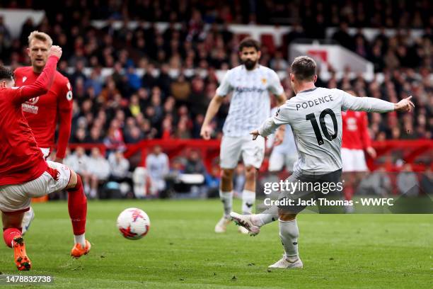 Daniel Podence of Wolverhampton Wanderers scores his team's first goal during the Premier League match between Nottingham Forest and Wolverhampton...