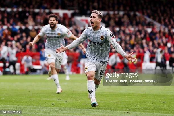 Daniel Podence of Wolverhampton Wanderers celebrates after scoring his team's first goal> during the Premier League match between Nottingham Forest...