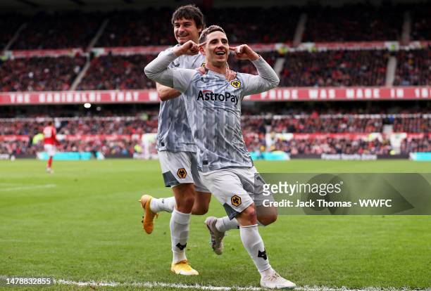 Daniel Podence of Wolverhampton Wanderers celebrates after scoring his team's first goal> during the Premier League match between Nottingham Forest...