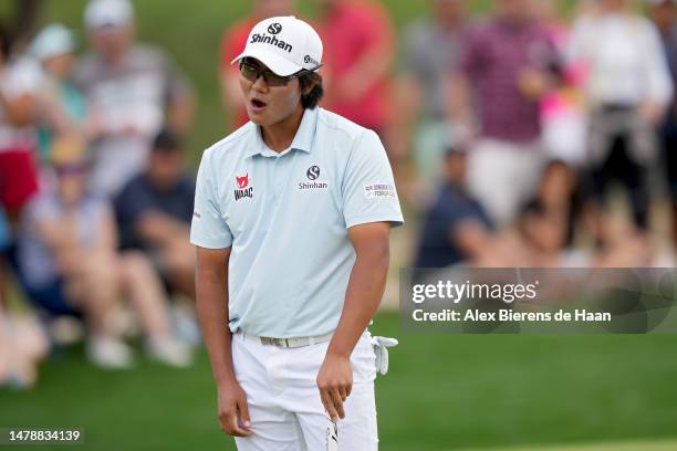 Kim of South Korea reacts after missing a putt on the 16th green during the third round of the Valero Texas Open at TPC San Antonio on April 01, 2023...