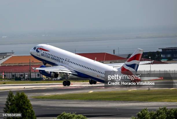 British Airways aircraft takes off on a busy day in Humberto Delgado International Airport on April 01 in Lisbon, Portugal. According to the...