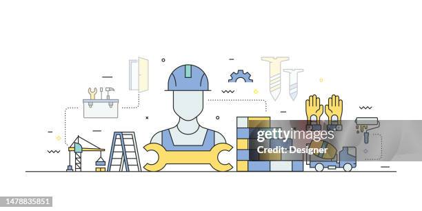 construction related line style banner design for web page, headline, brochure, annual report and book cover - electrical contractor working stock illustrations