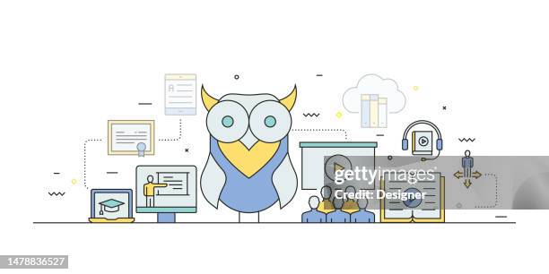 e-learning related line style banner design for web page, headline, brochure, annual report and book cover - code library stock illustrations