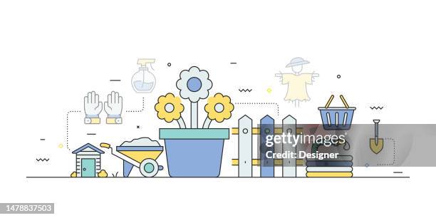 gardening related line style banner design for web page, headline, brochure, annual report and book cover - sprinkler system stock illustrations