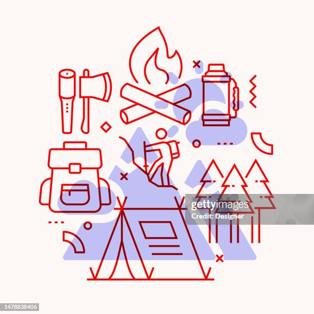 stockillustraties, clipart, cartoons en iconen met camping and outdoor recreation related line style banner design for web page, headline, brochure, annual report and book cover - sport icons