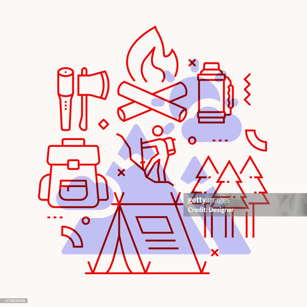 CAMPING AND OUTDOOR RECREATION Related Line Style Banner Design for Web Page, Headline, Brochure, Annual Report and Book Cover