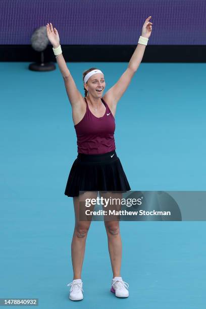 Petra Kvitova of Czech Republic celebrates match point against Elena Rybakina of Kazakhstan during the Women's Final of the Miami Open at Hard Rock...