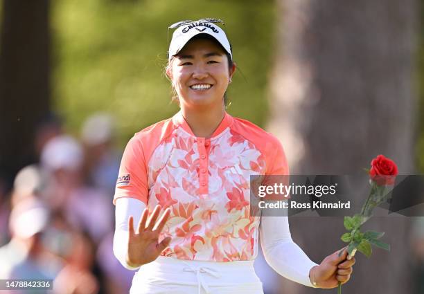 Rose Zhang of the United States celebrates on the 10th green, the second playoff hole, after defeating Jenny Bae of the United States to win during...