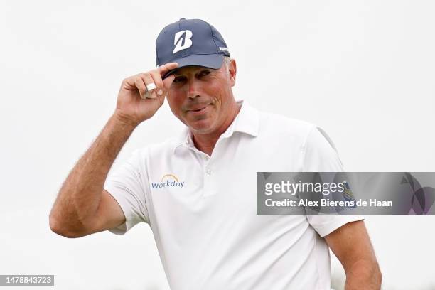 Matt Kuchar of the United States reacts after making birdie on the 17th green during the third round of the Valero Texas Open at TPC San Antonio on...