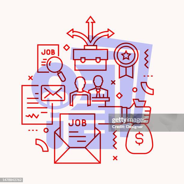 ilustraciones, imágenes clip art, dibujos animados e iconos de stock de diseño de banner de estilo de línea relacionado con el trabajo y el currículum para página web, título, folleto, informe anual y portada del libro - job search