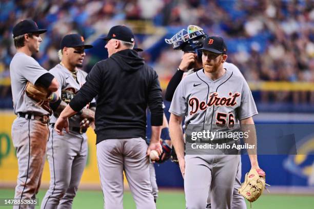 Spencer Turnbull of the Detroit Tigers walks off the field after being relieved in the third inning against the Tampa Bay Rays at Tropicana Field on...