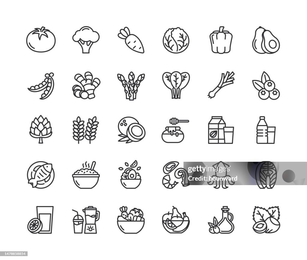 Symbole für gesunde Lebensmittellinien. Bearbeitbarer Strich.