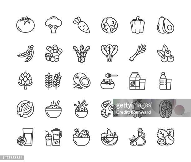 ilustrações, clipart, desenhos animados e ícones de ícones da linha de alimentos saudáveis. traçado editável. - legume
