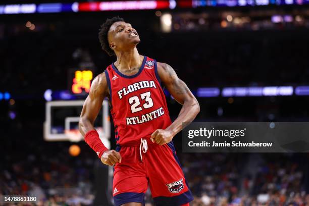 Brandon Weatherspoon of the Florida Atlantic Owls reacts against the San Diego State Aztecs in the first half during the NCAA Men’s Basketball...