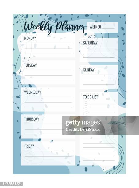 weekly planner printable vector template. blank organizer page a4, a5. business schedule page for a week for effective planning. personal notebook. paper sheet. white background. - school routine stock illustrations