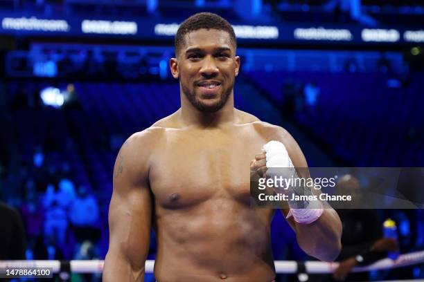 Anthony Joshua celebrates victory following the Heavyweight fight between Anthony Joshua and Jermaine Franklin at The O2 Arena on April 01, 2023 in...