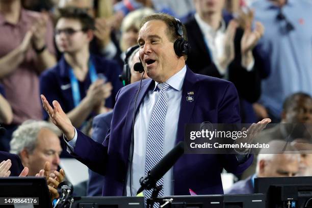 Announcer Jim Nantz reacts during the first half in the game between the Florida Atlantic Owls and San Diego State Aztecs during the NCAA Men's...