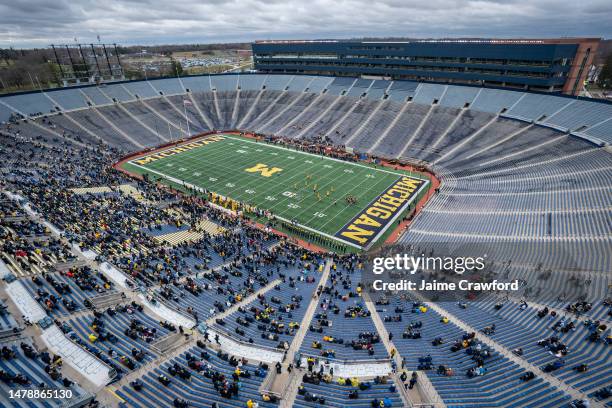 View of Michigan Stadium during the 2023 Spring Football game on April 1, 2023 in Ann Arbor, Michigan. The scoreboards on the north and south ends of...