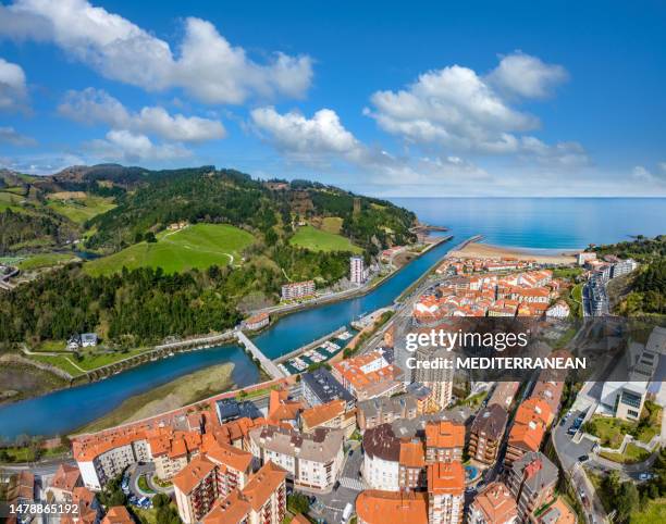 deba deva village skyline aerial view in guipuzcua gipuzkoa basque country - comunidad autonoma del pais vasco imagens e fotografias de stock