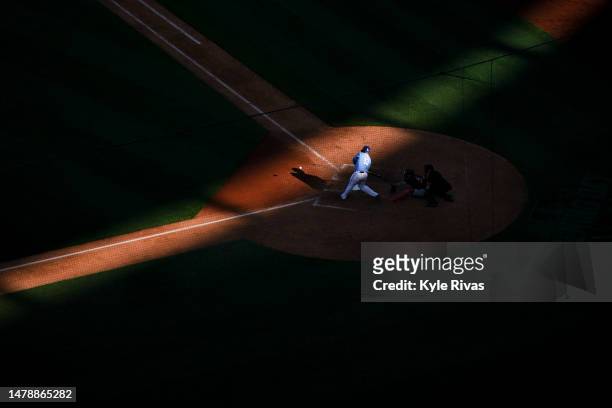 Salvador Perez of the Kansas City Royals swings at a Minnesota Twins pitch during the seventh inning at Kauffman Stadium on April 1, 2023 in Kansas...