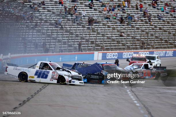 Armani Williams, driver of the Blue Sprig/Motivity Toyota, Trey Hutchens, driver of the Quality Roof Seamers Chevrolet, Dean Thompson, driver of the...