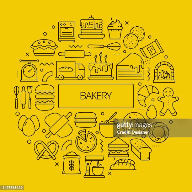 bakery web banner with linear icons, trendy linear style vector - fruit icon stock illustrations