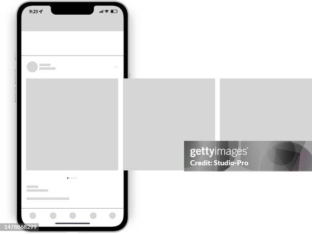 social network post mockup. smartphone with social media app slider ui template - carousel mockup stock illustrations