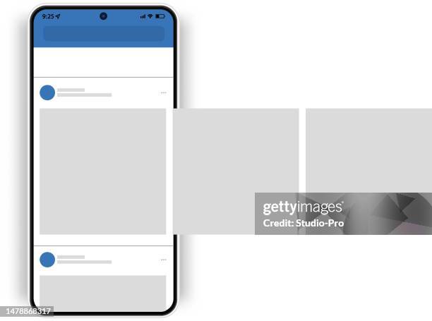 post-mockup in sozialen netzwerken. smartphone mit social-media-app-schieberegler-ui-vorlage - reproduction stock-grafiken, -clipart, -cartoons und -symbole