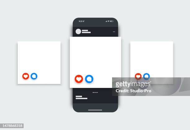 social network post mockup. vector smartphone layout media app user interface template - mobile app ad stock illustrations