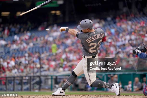 Corey Dickerson of the Washington Nationals loses control of his bat as he swings against the Atlanta Braves during the second inning at Nationals...