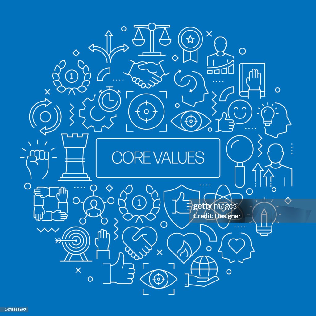 CORE VALUES Web Banner with Linear Icons, Trendy Linear Style Vector