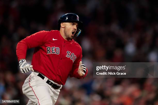 Adam Duvall of the Boston Red Sox reacts after hitting a walk off home run during the ninth inning against the Baltimore Orioles at Fenway Park on...