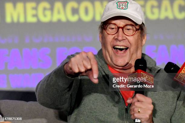 Actor Chevy Chase jokes during the 'National Lampoon's Vacation' reunion at MegaCon Orlando 2023 at Orange County Convention Center on April 01, 2023...