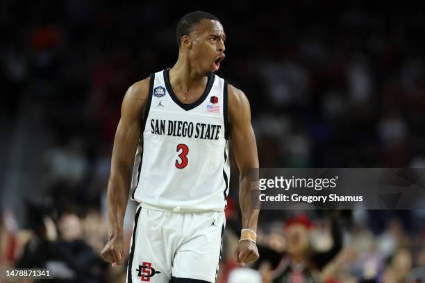Micah Parrish of the San Diego State Aztecs reacts during the second half against the Florida Atlantic Owls during the NCAA Men's Basketball...