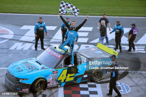 Carson Hocevar, driver of the Worldwide Express Chevrolet, celebrates after winning the NASCAR Craftsman Truck Series SpeedyCash.com 250 at Texas...