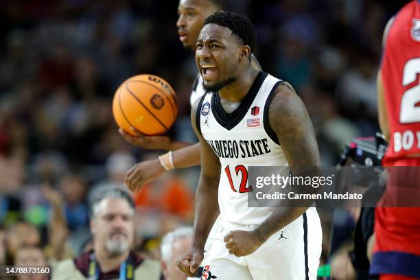 Darrion Trammell of the San Diego State Aztecs reacts during the second half against the Florida Atlantic Owls during the NCAA Men's Basketball...