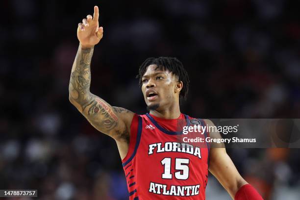 Alijah Martin of the Florida Atlantic Owls reacts during the second half against the San Diego State Aztecs during the NCAA Men's Basketball...