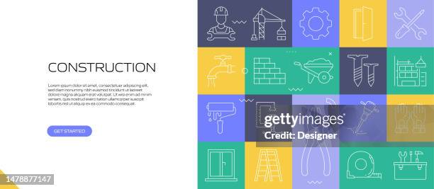 construction web banner with linear icons, trendy linear style vector - electrical contractor working stock illustrations