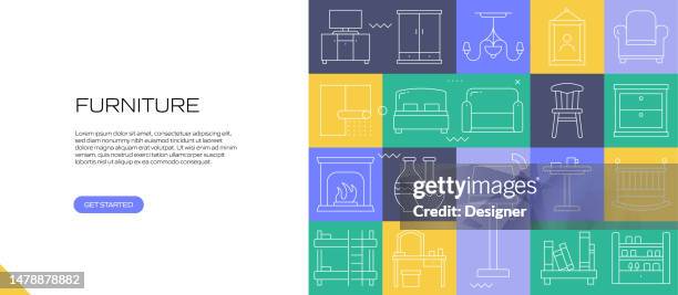 furniture web banner with linear icons, trendy linear style vector - minimalist bedroom desk stock illustrations