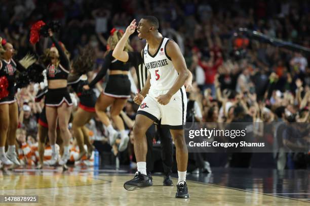 Lamont Butler of the San Diego State Aztecs reacts after making a game winning basket to defeat the Florida Atlantic Owls 72-71 during the NCAA Men's...